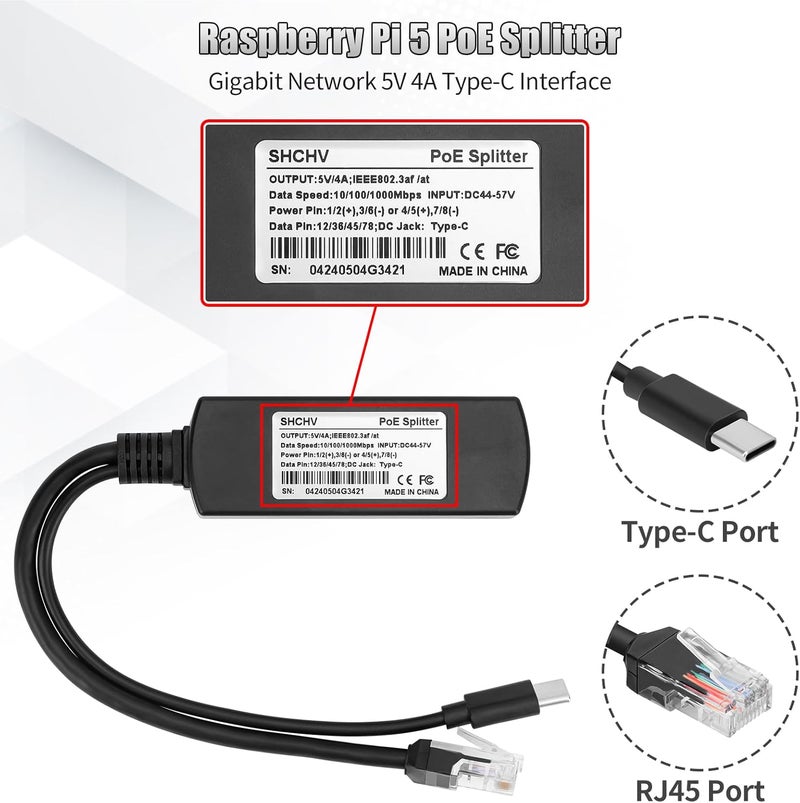FPVERA Gigabit Poe Splitter 5V 4A Type-C, Power Over Ethernet Adapter for Raspberry Pi 5, Power Supply Exchanger,IEEE 802.3af/at Compliant 10/100/1000mbps for Rpi5, IP Camera, Tablets, Dropcam and More - Image 2